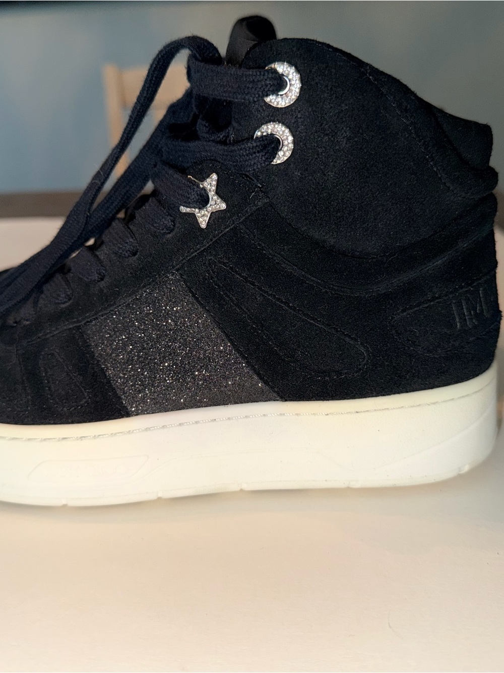Jimmy Choo Black Glitter Hawaii High-Top Womenโs Sneakers with Rhinestone Star